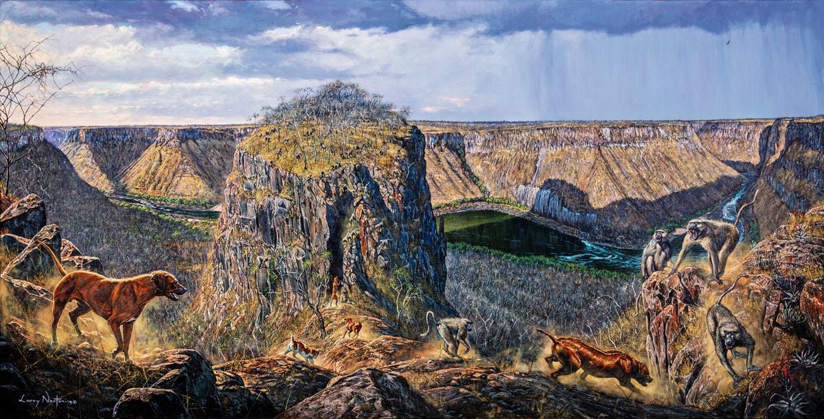Zambezi Citadel - Ridgeback and Baboons by Larry Norton